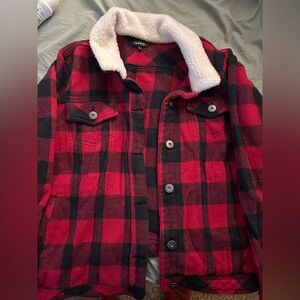Torrid Red and Black Plaid Jacket with Cream Sherpa Collar